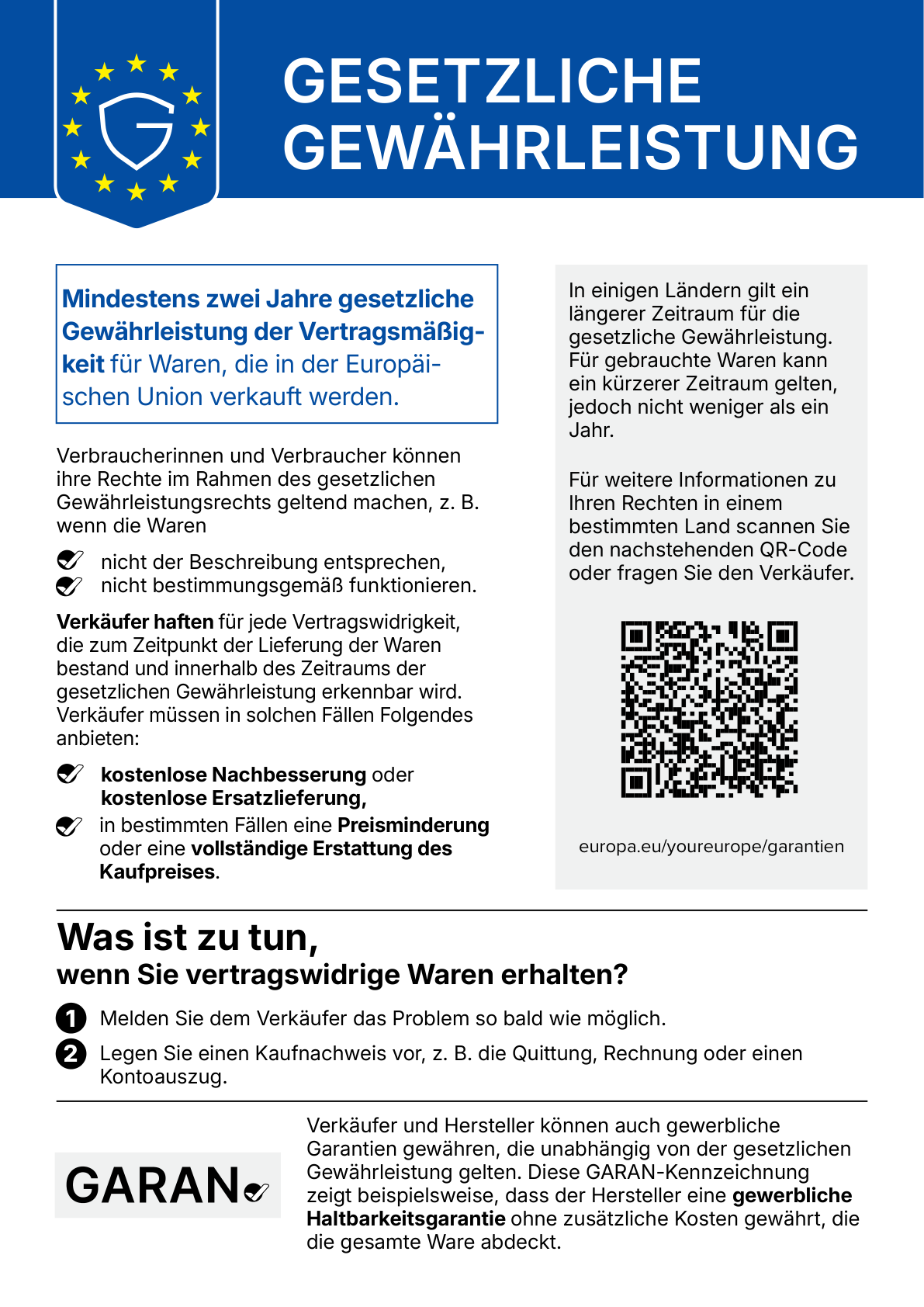EU-Hinweis zur gesetzlichen Gewährleistung: mindestens zwei Jahre; bei Mängeln kostenlose Nachbesserung oder Ersatzlieferung und unter gesetzlichen Voraussetzungen Preisminderung oder Erstattung.